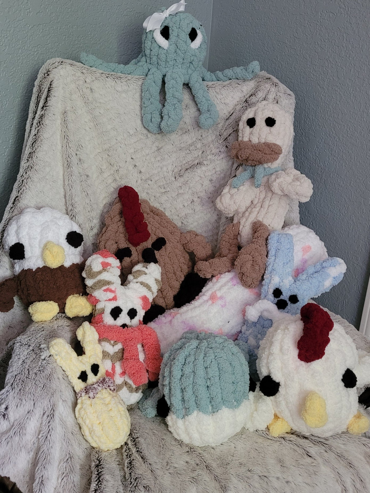 Handmade Plushies on a Chair
