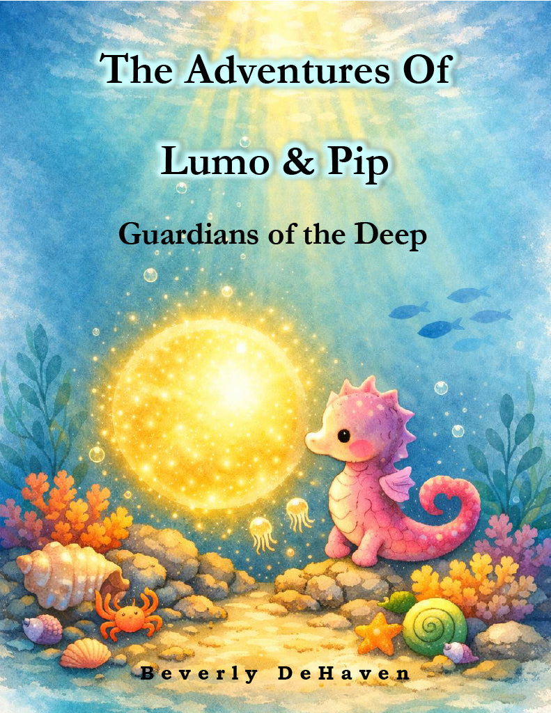 A children's book cover titled 'The Adventures Of Lumo & Pip: Guardians of the Deep' by Beverly DeHaven, featuring a whimsical underwater scene with a pink seahorse, coral, jellyfish, and a glowing sun on a blue ocean background.