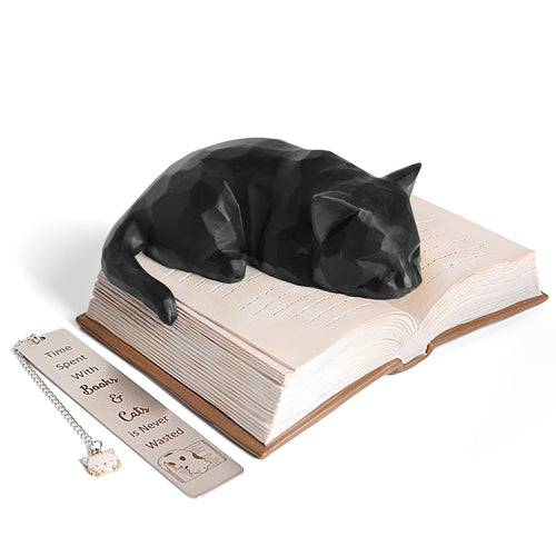 Black Cat on Book Figurine Gift Set — Sculpted Resin Statue & Cat Bookmark for Book Lovers & Cat Moms