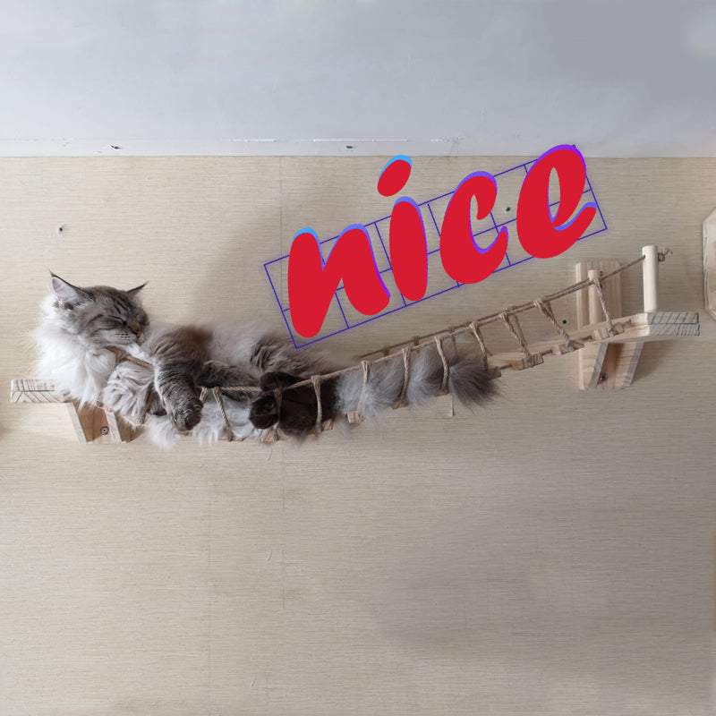 Pine Wall‑Mounted Cat Bridge — Rope Hammock Shelf for Climbing & Lounging