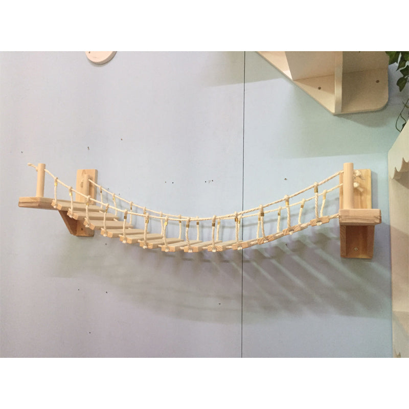 Pine Wall‑Mounted Cat Bridge — Rope Hammock Shelf for Climbing & Lounging