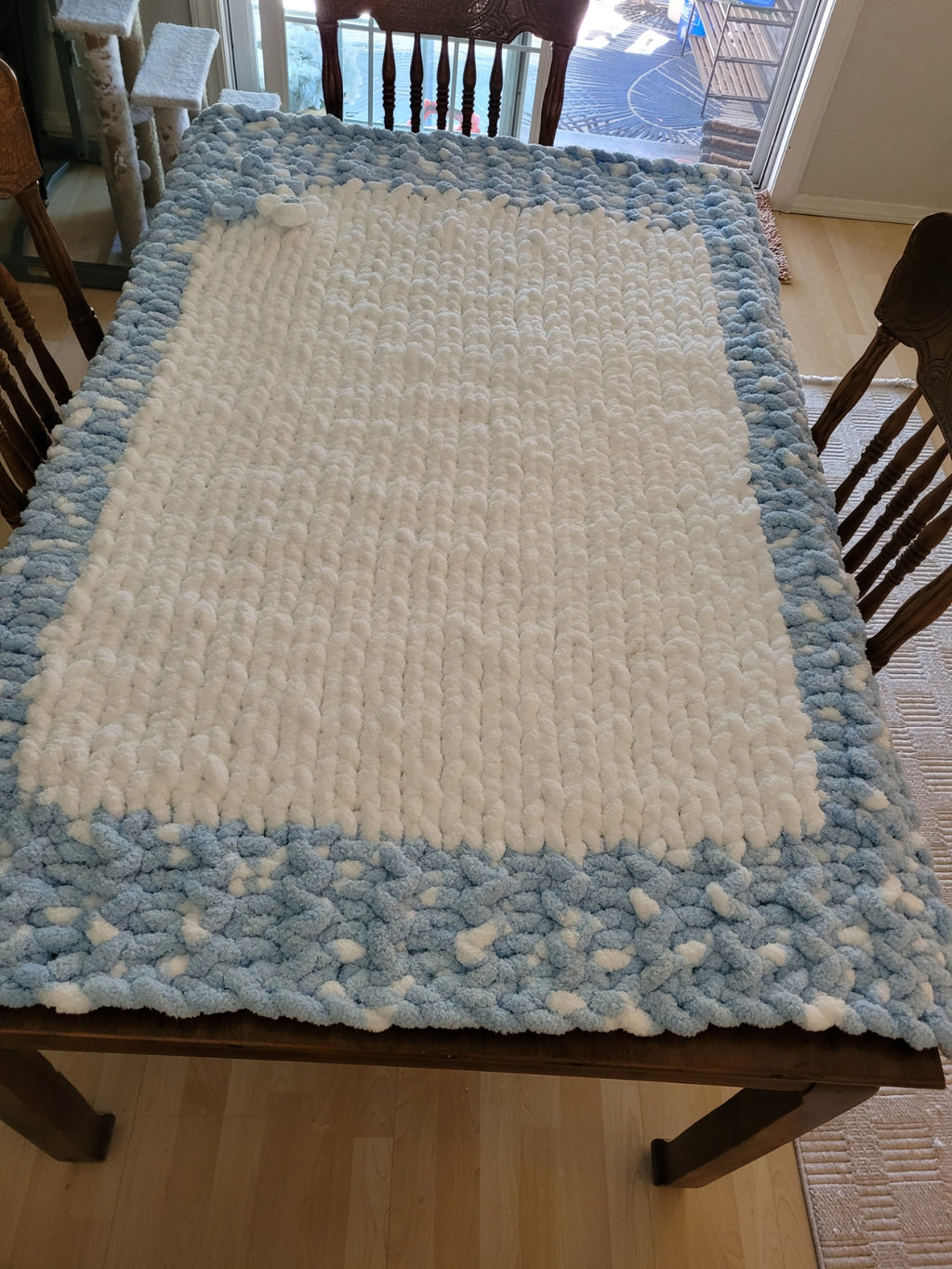 Hand‑Knit Chunky Chenille Blanket in Sky Blue & White