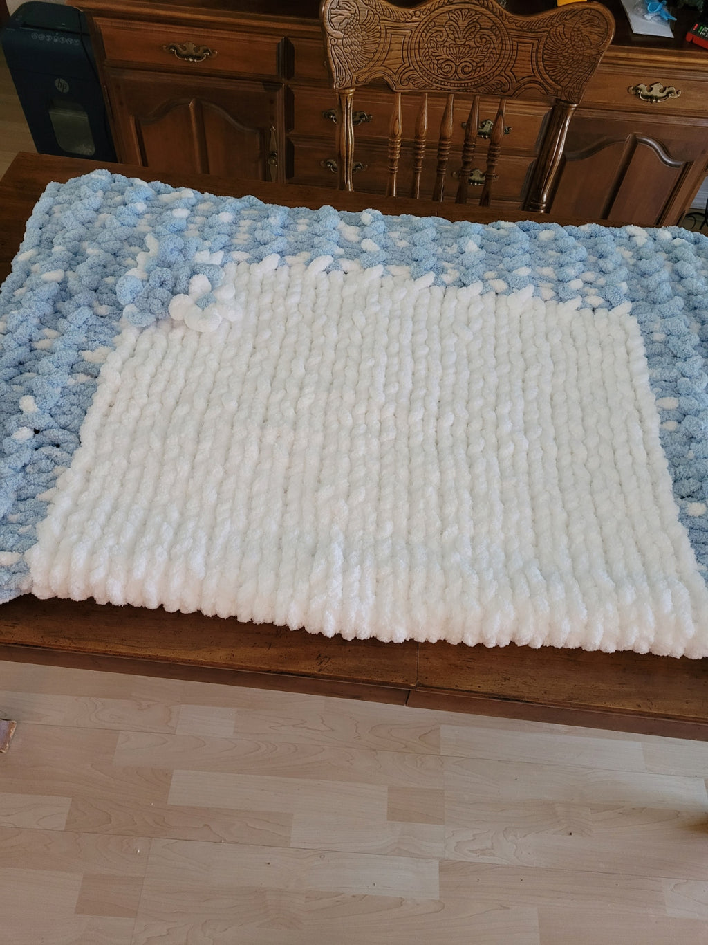 Hand‑Knit Chunky Chenille Blanket in Sky Blue & White