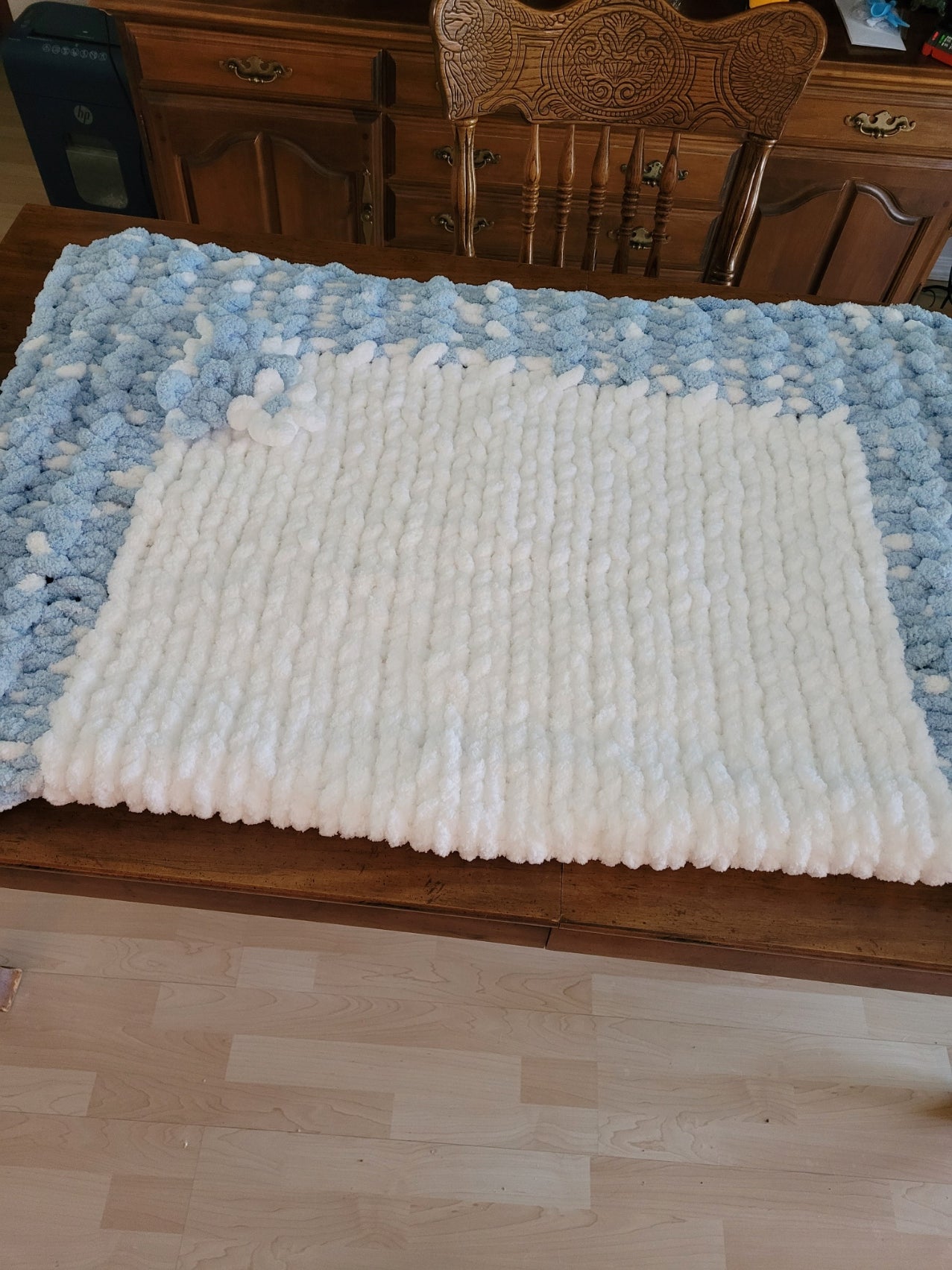 Hand‑Knit Chunky Chenille Blanket in Sky Blue & White