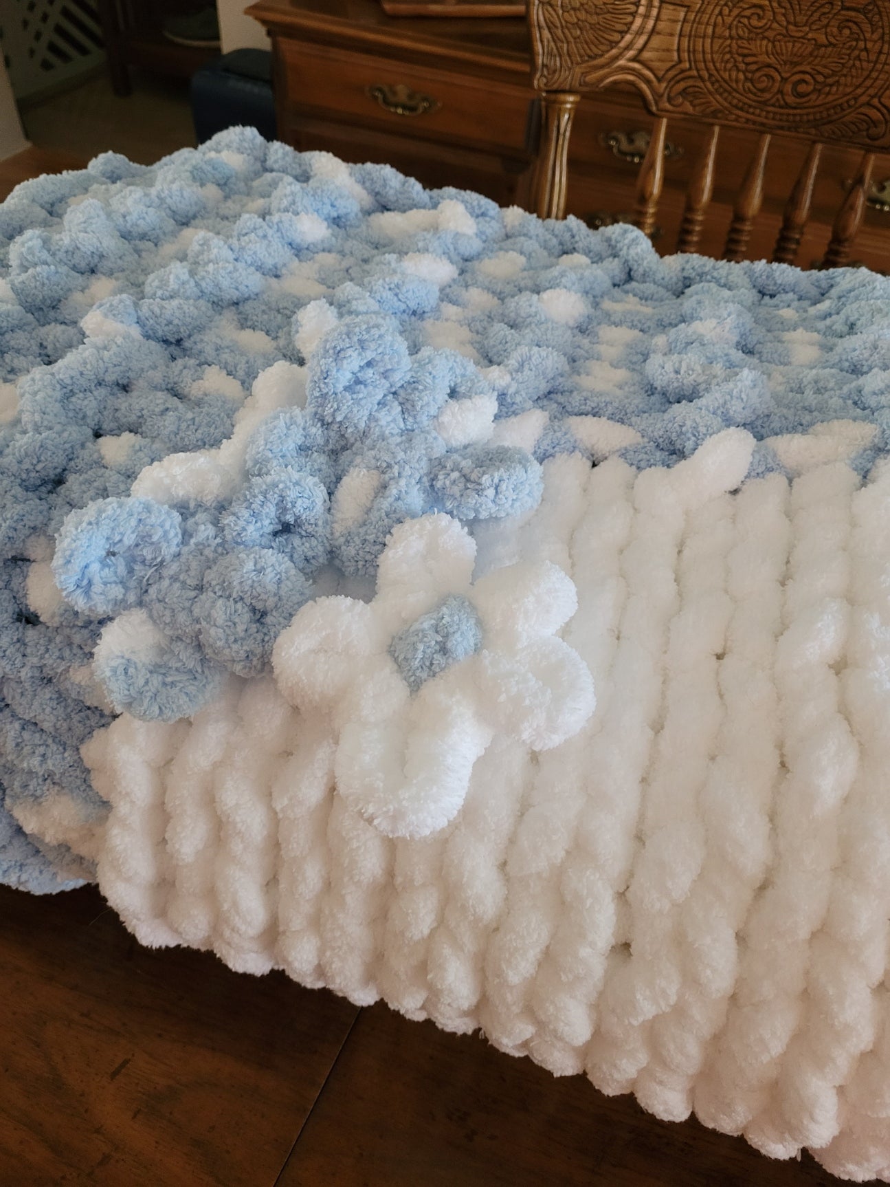 Hand‑Knit Chunky Chenille Blanket in Sky Blue & White