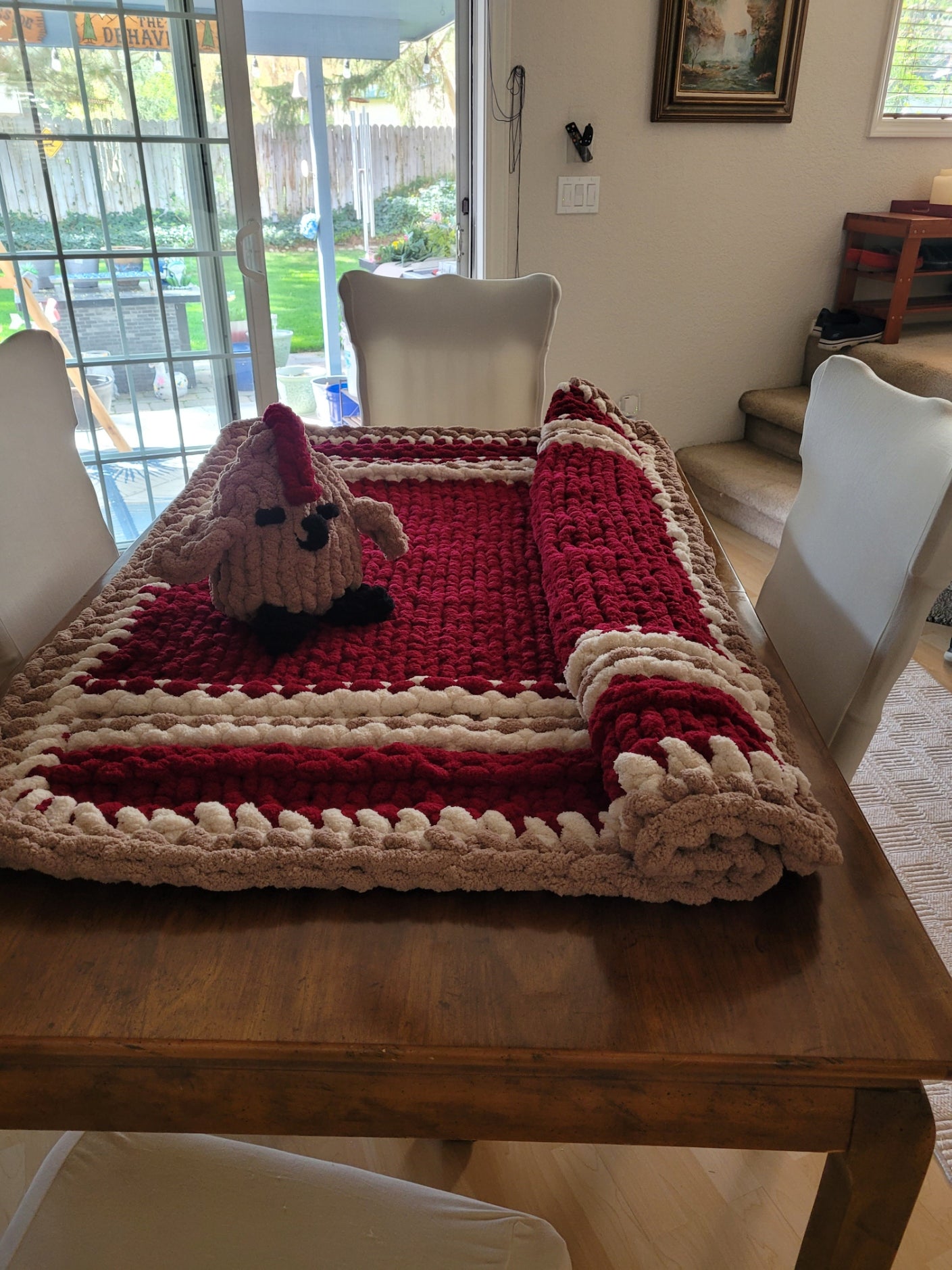 Chunky Chenille Knit Throw Blanket with Plush Chicken – Burgundy Taupe Oatmeal Cozy Accent