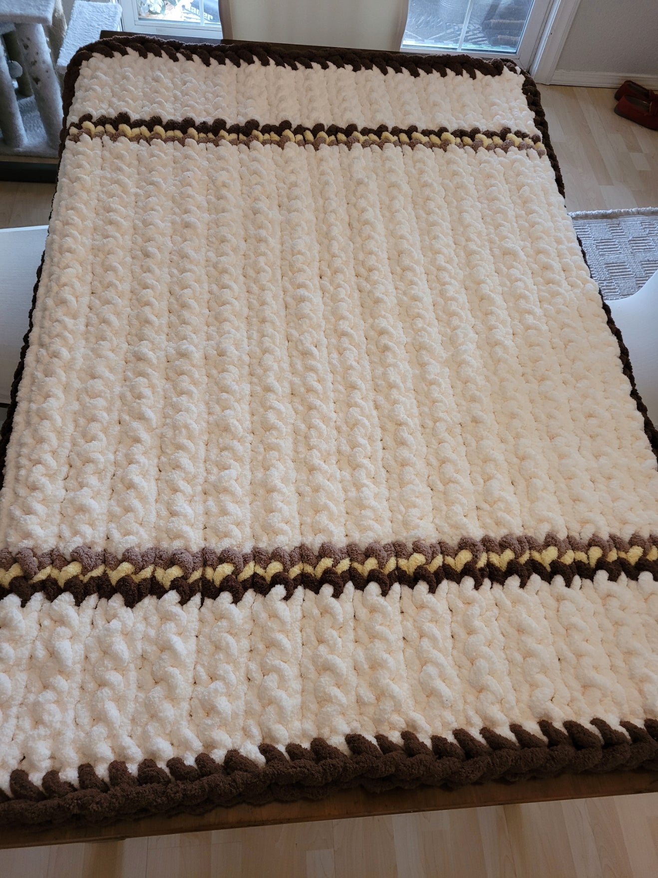 Ivory Chunky Knit Throw with Brown, Taupe & Yellow Accents — 43" × 60"