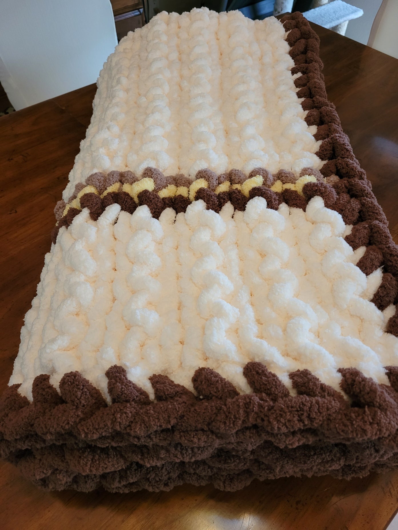 Ivory Chunky Knit Throw with Brown, Taupe & Yellow Accents — 43" × 60"