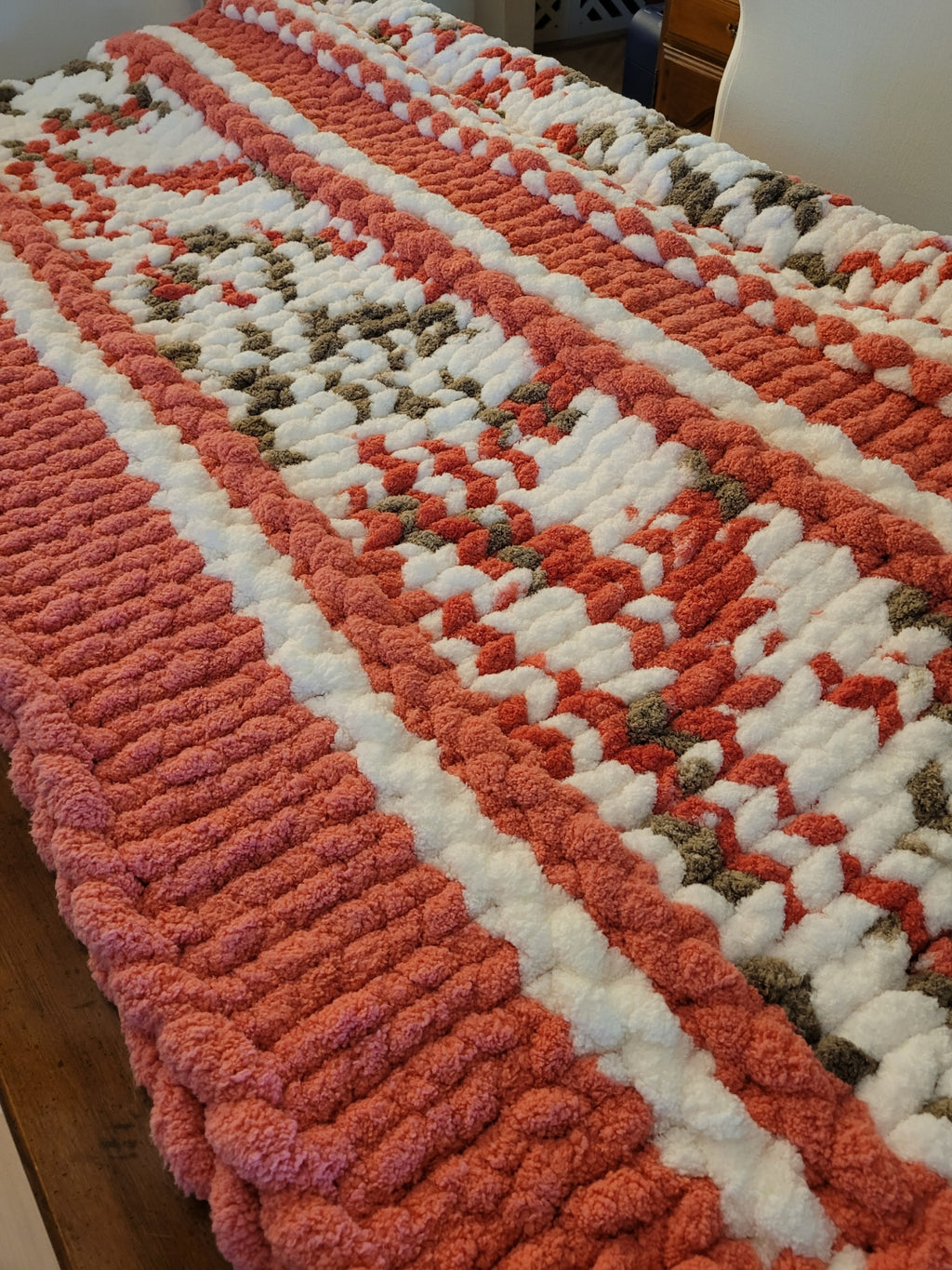 Hand‑Knit Chunky Throw – Terracotta & Cream Cozy Blanket, Soft Chenille Gift, 50x50