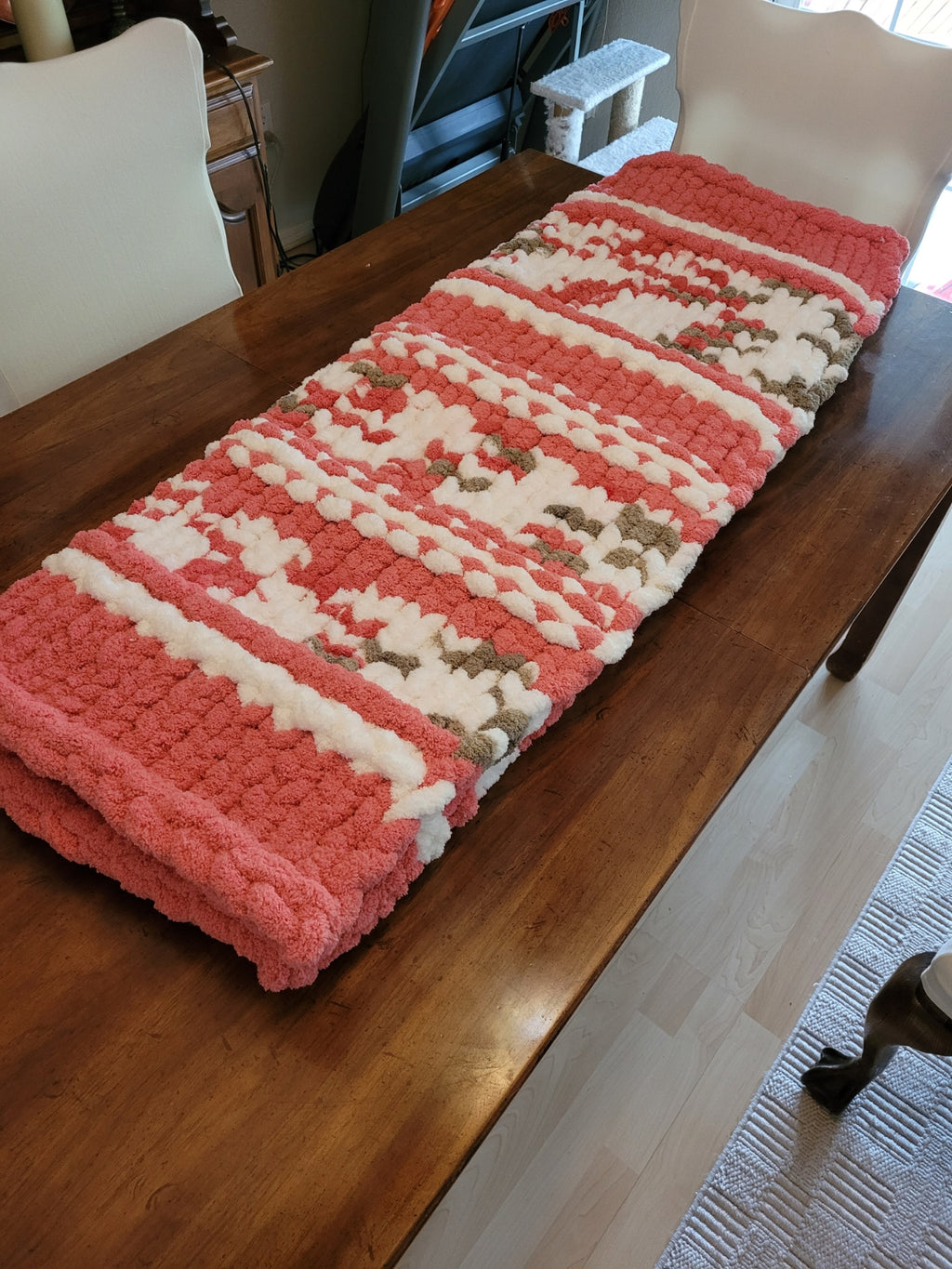 Hand‑Knit Chunky Throw – Terracotta & Cream Cozy Blanket, Soft Chenille Gift, 50x50