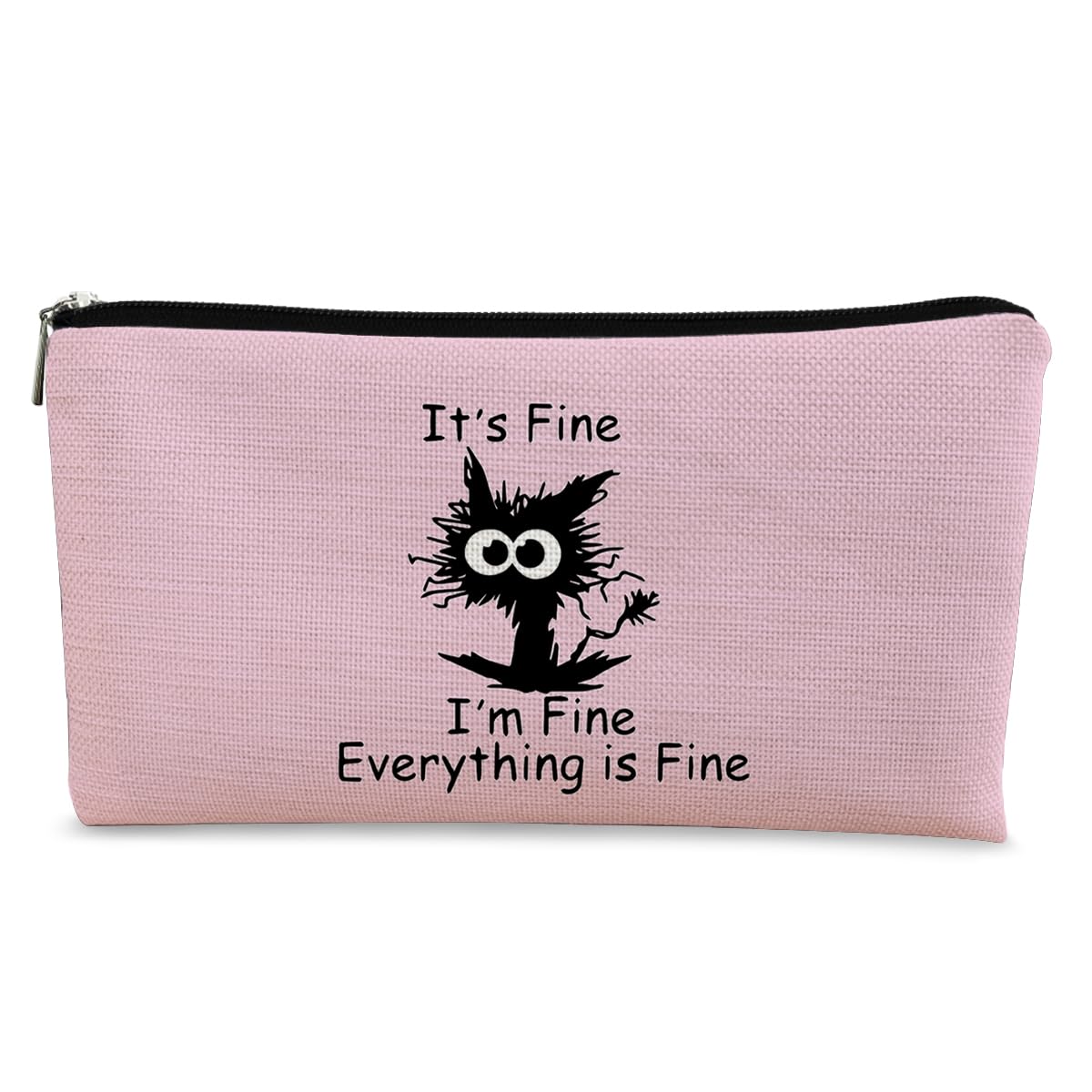 Black Cat Makeup Bag — “It’s Fine, I’m Fine” Funny Pink Cosmetic Bag for Cat Lovers