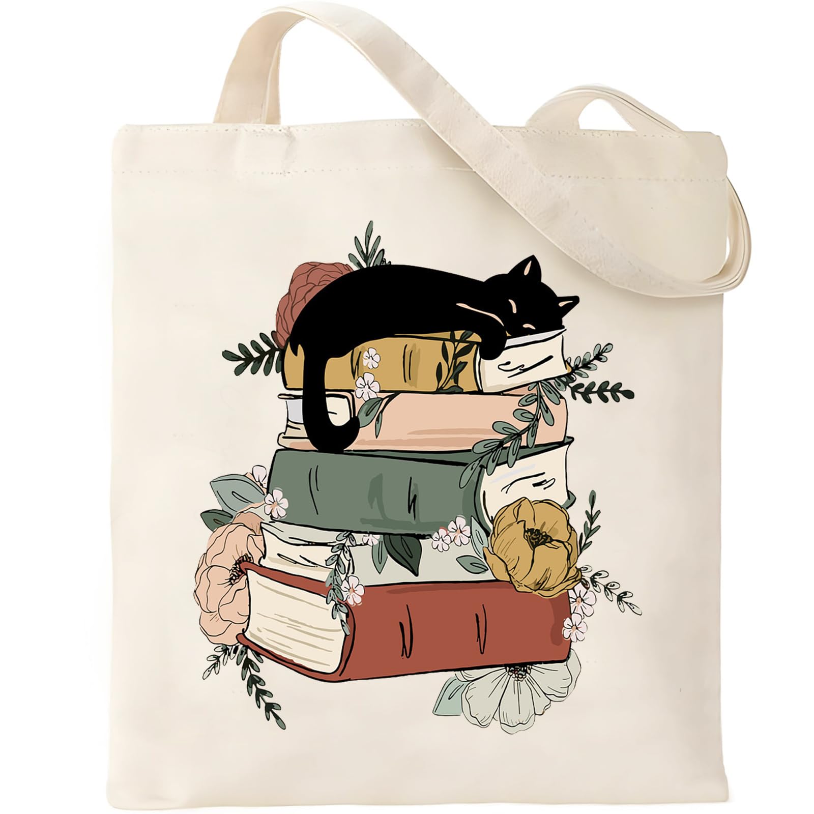 Black Cat Book Tote Bag — Cute Canvas Bag for Book Lovers with Floral Design & Interior Pockets