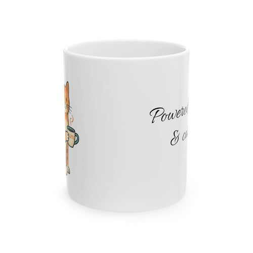 Cat Lover Ceramic Coffee Mug — "Powered by Coffee & Cat Purrs" (11oz/15oz)
