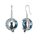 Black Cat on the Moon Sterling Silver Earrings — 925 Silver Dangle Earrings with Blue Crystal for Cat Lovers