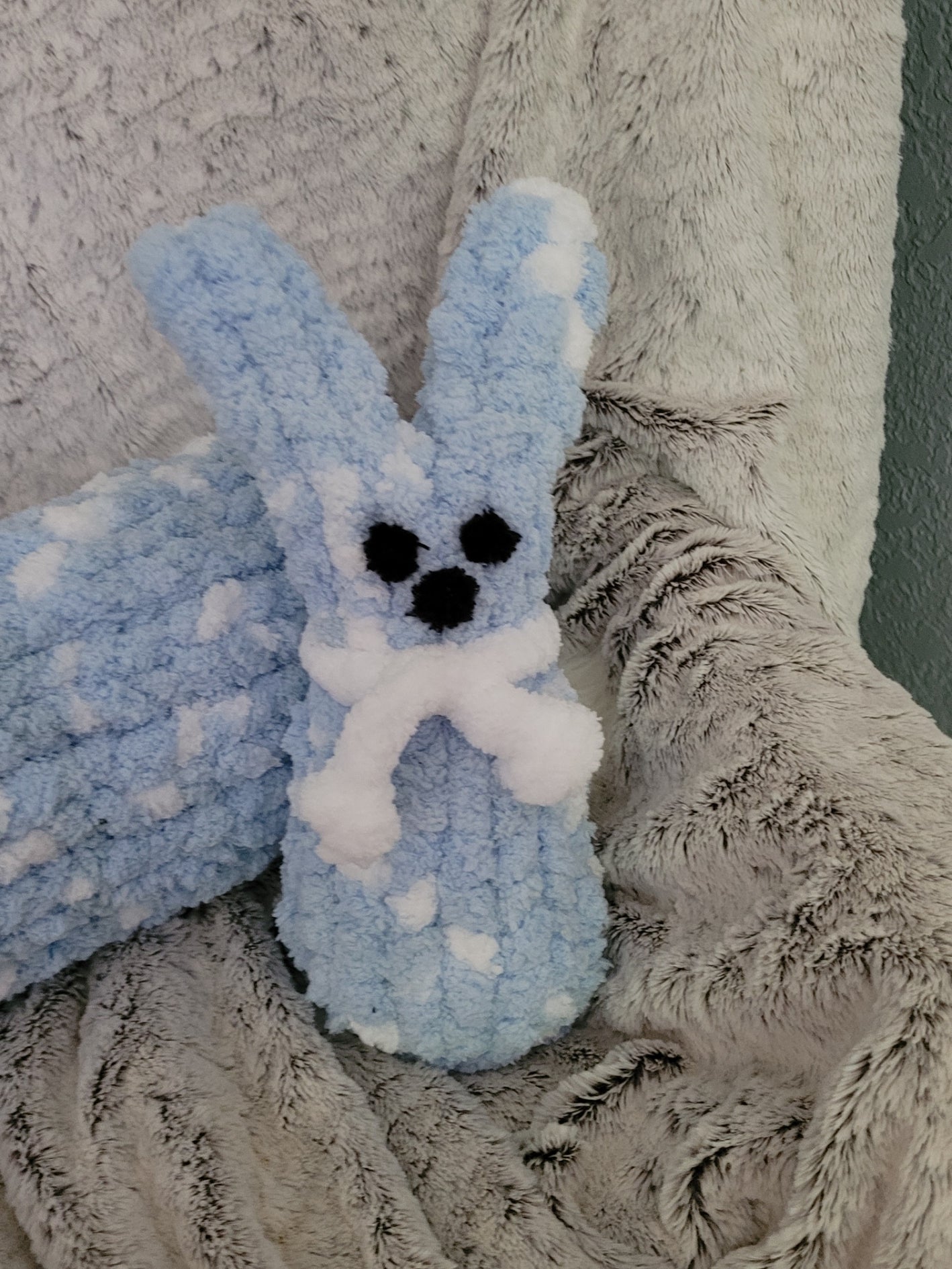 Hand‑Knit Blue & White Peep Bunny – Chunky Chenille Plushie (12”)
