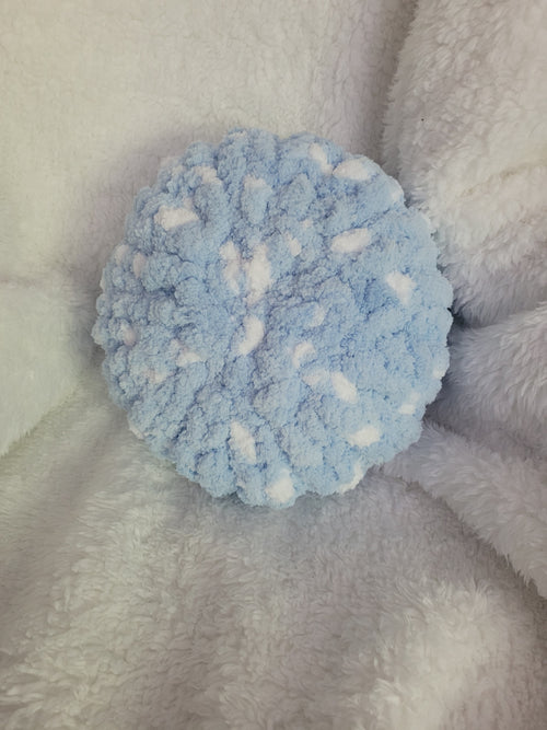 Handmade white round chunky chenille pillow with blue accents
