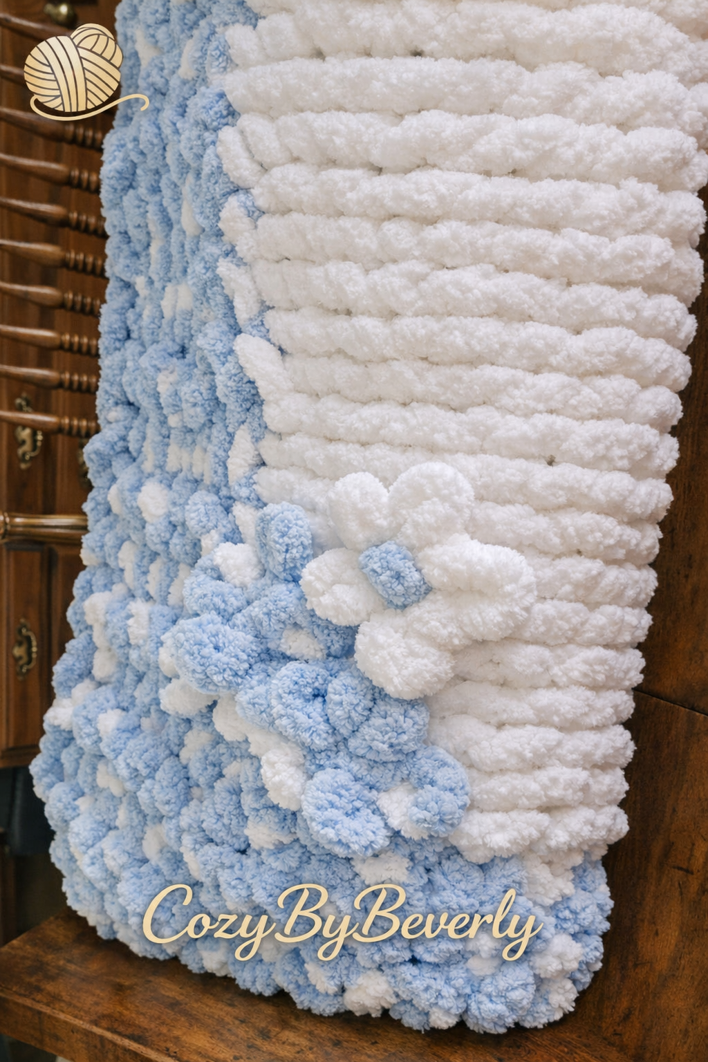 Hand‑Knit Chunky Chenille Blanket in Sky Blue & White
