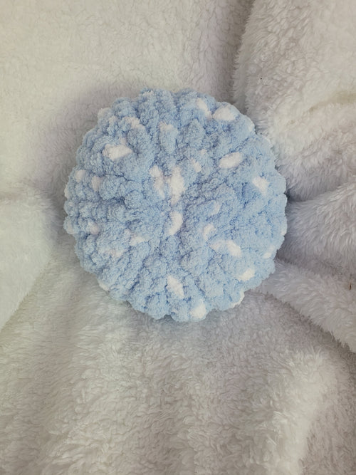 Handmade white round chunky chenille pillow with blue accents