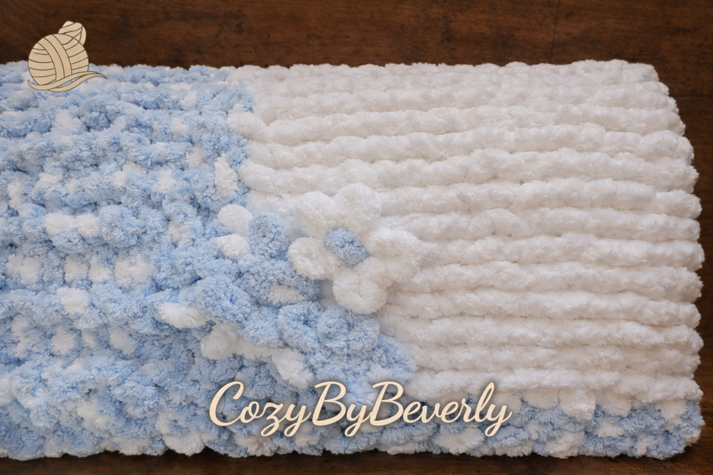 Hand‑Knit Chunky Chenille Blanket in Sky Blue & White