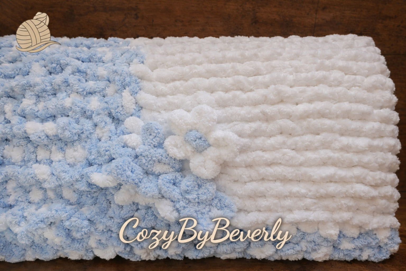Hand‑Knit Chunky Chenille Blanket in Sky Blue & White