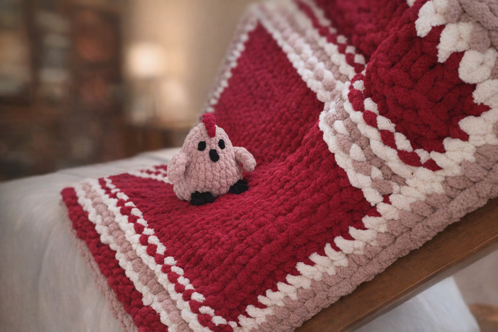 Chunky Chenille Knit Throw Blanket with Plush Chicken – Burgundy Taupe Oatmeal Cozy Accent