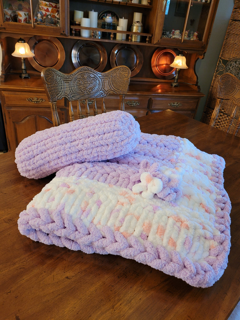 Handmade lilac chunky chenille throw blanket with white and pink border and chunky chenille neck pillow