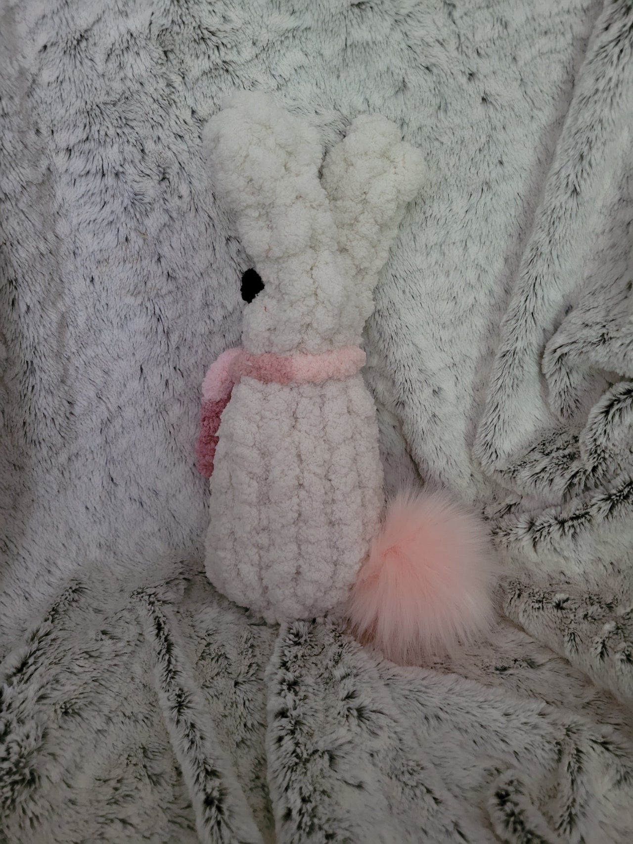 Handmade vanilla bunny plush with pink puff tail