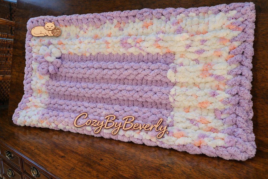 Handmade lilac chunky chenille throw blanket with white and pink border