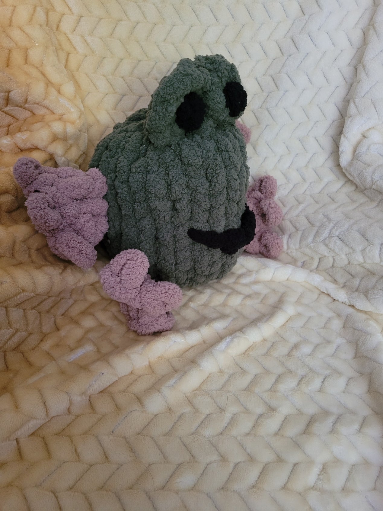 Froodle the frog plush sitting upright with raised eyes