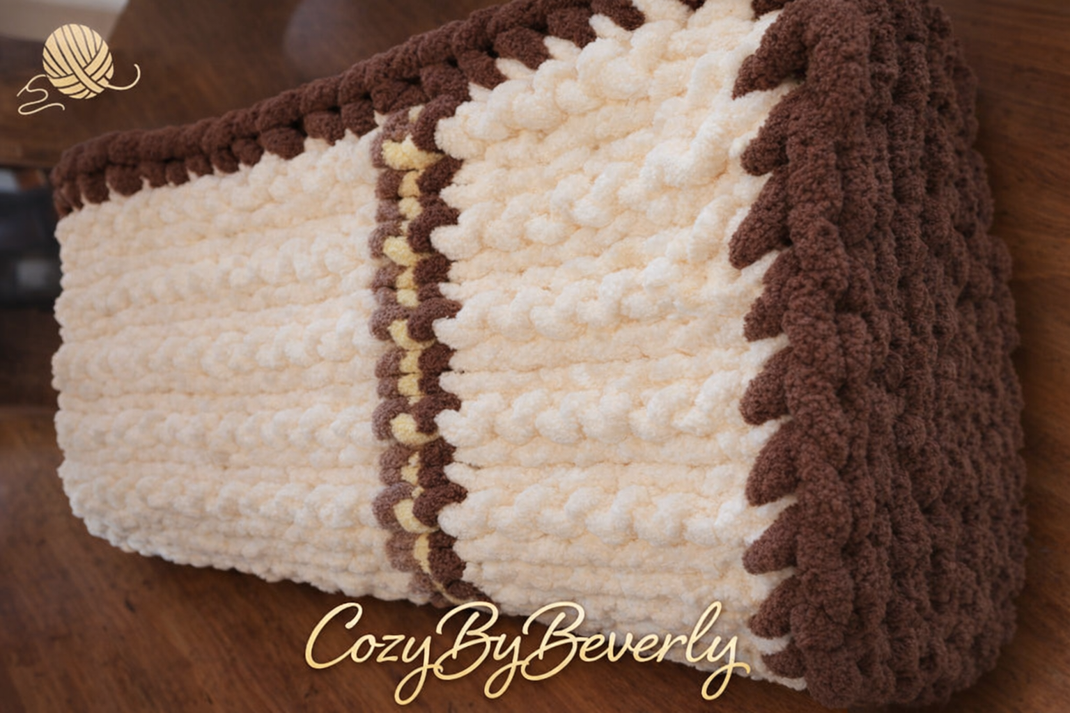 Ivory Chunky Knit Throw with Brown, Taupe & Yellow Accents — 43" × 60"