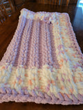 Handmade lilac chunky chenille throw blanket with white and pink border