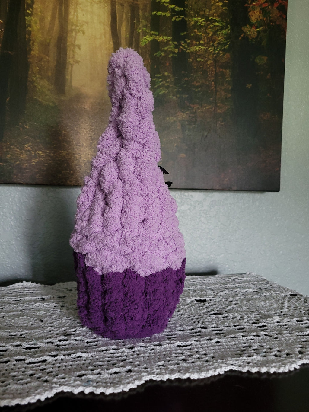 Back view of Magnus the Halloween gnome showing hand knit purple chunky chenille yarn detail by CozyByBeverly
