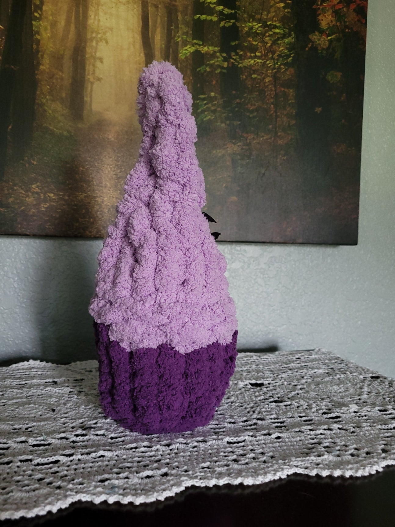 Back view of Magnus the Halloween gnome showing hand knit purple chunky chenille yarn detail by CozyByBeverly