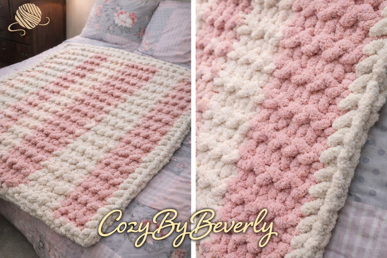 Pink & Ivory Twisted‑Stitch Chunky Throw Blanket — 45” x 50”