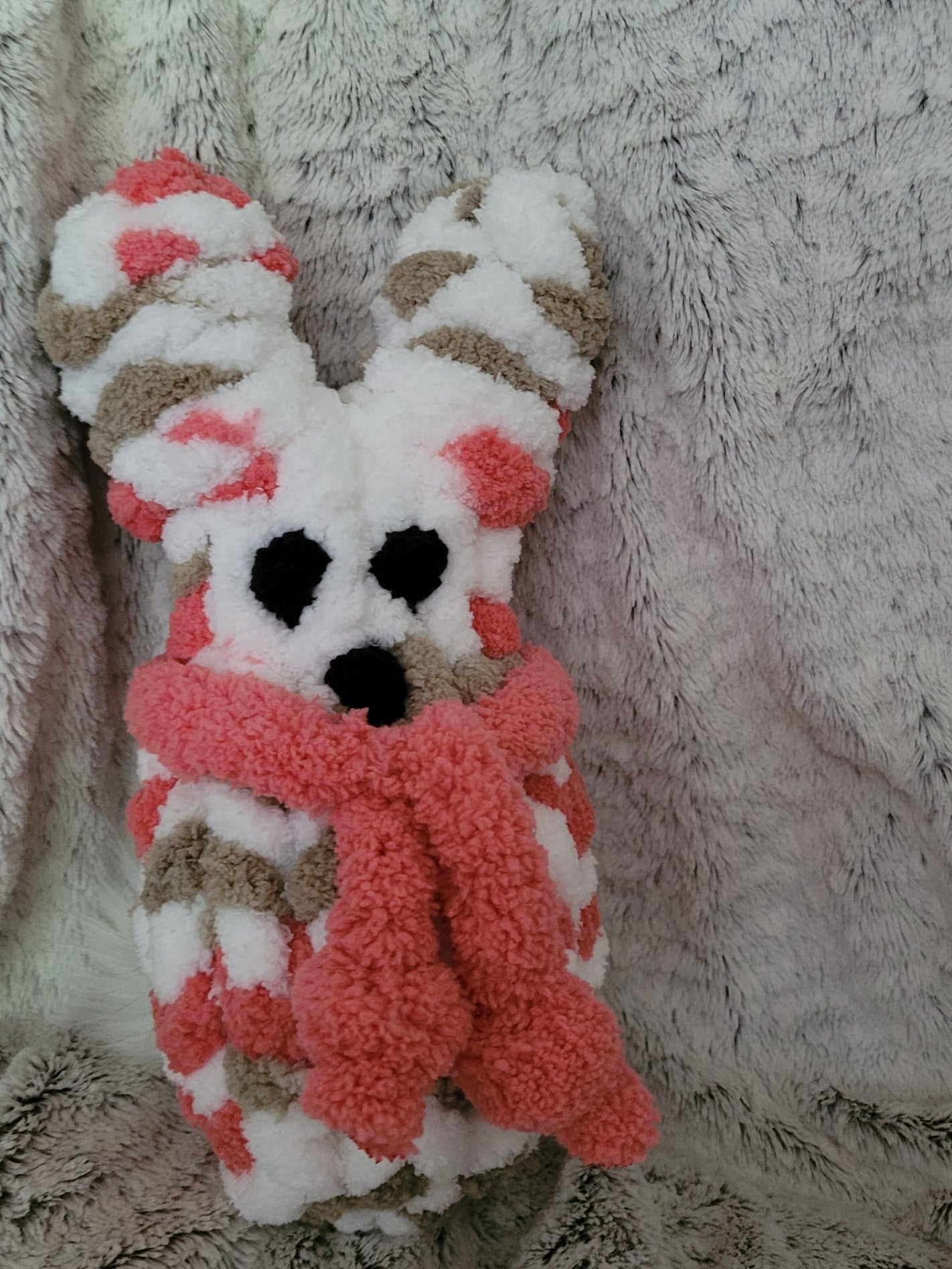 Handmade variegated bunny plush with black eyes and nose