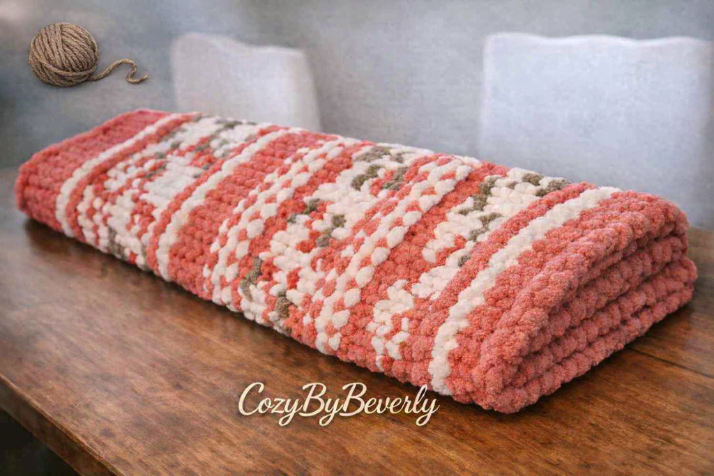 Hand‑Knit Chunky Throw – Terracotta & Cream Cozy Blanket, Soft Chenille Gift, 50x50