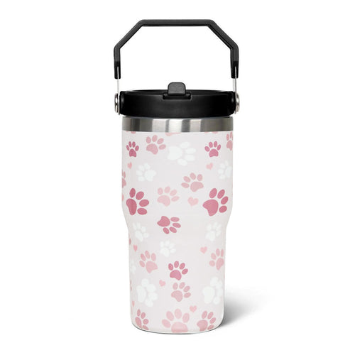 20oz Dog Mom Travel Tumbler with Flip Straw & Handle — Paw Print Stainless Steel Cup