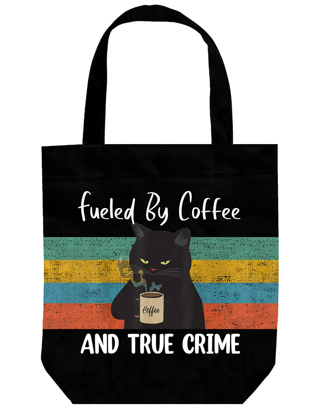 Fueled by Coffee & True Crime Cat Tote Bag — Funny Black Cat Canvas Bag for Book Lovers & Cat Moms