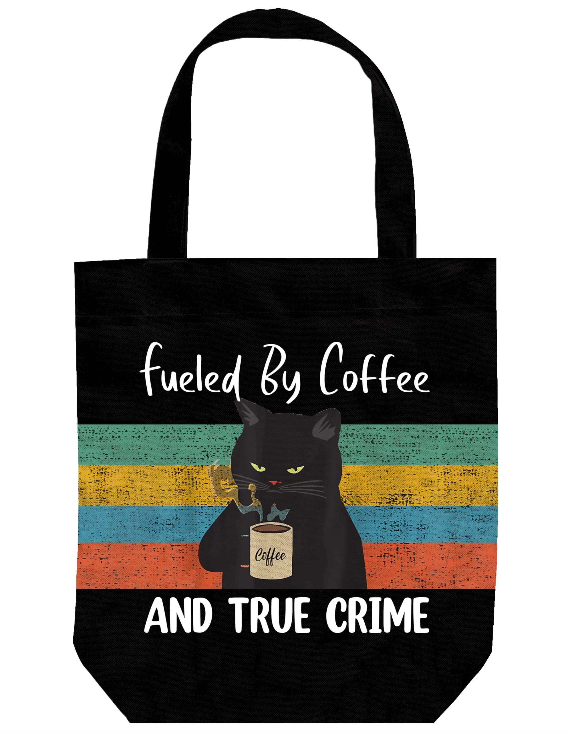Fueled by Coffee & True Crime Cat Tote Bag — Funny Black Cat Canvas Bag for Book Lovers & Cat Moms