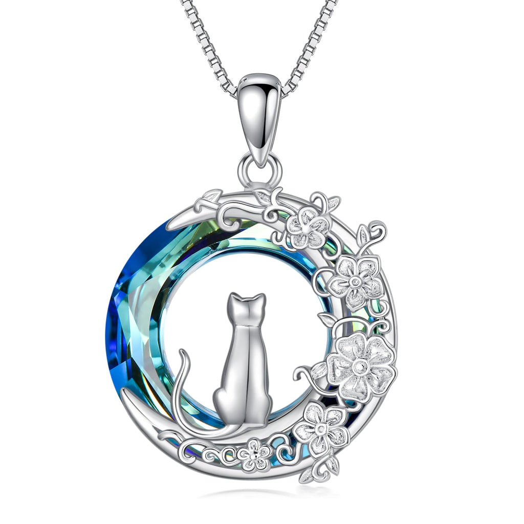 Sterling Silver and Blue Crystal Necklace with Cat in the Center – Cat Lover Gift for Women