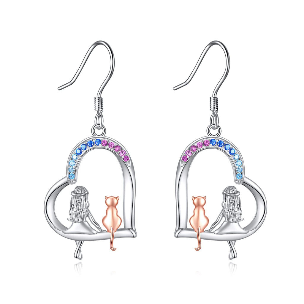 Sterling Silver Cat & Heart Dangle Earrings — 925 Drop Earrings for Cat Lovers & Women Who Love Elegant Jewelry
