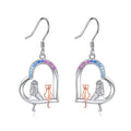 Sterling Silver Cat & Heart Dangle Earrings — 925 Drop Earrings for Cat Lovers & Women Who Love Elegant Jewelry