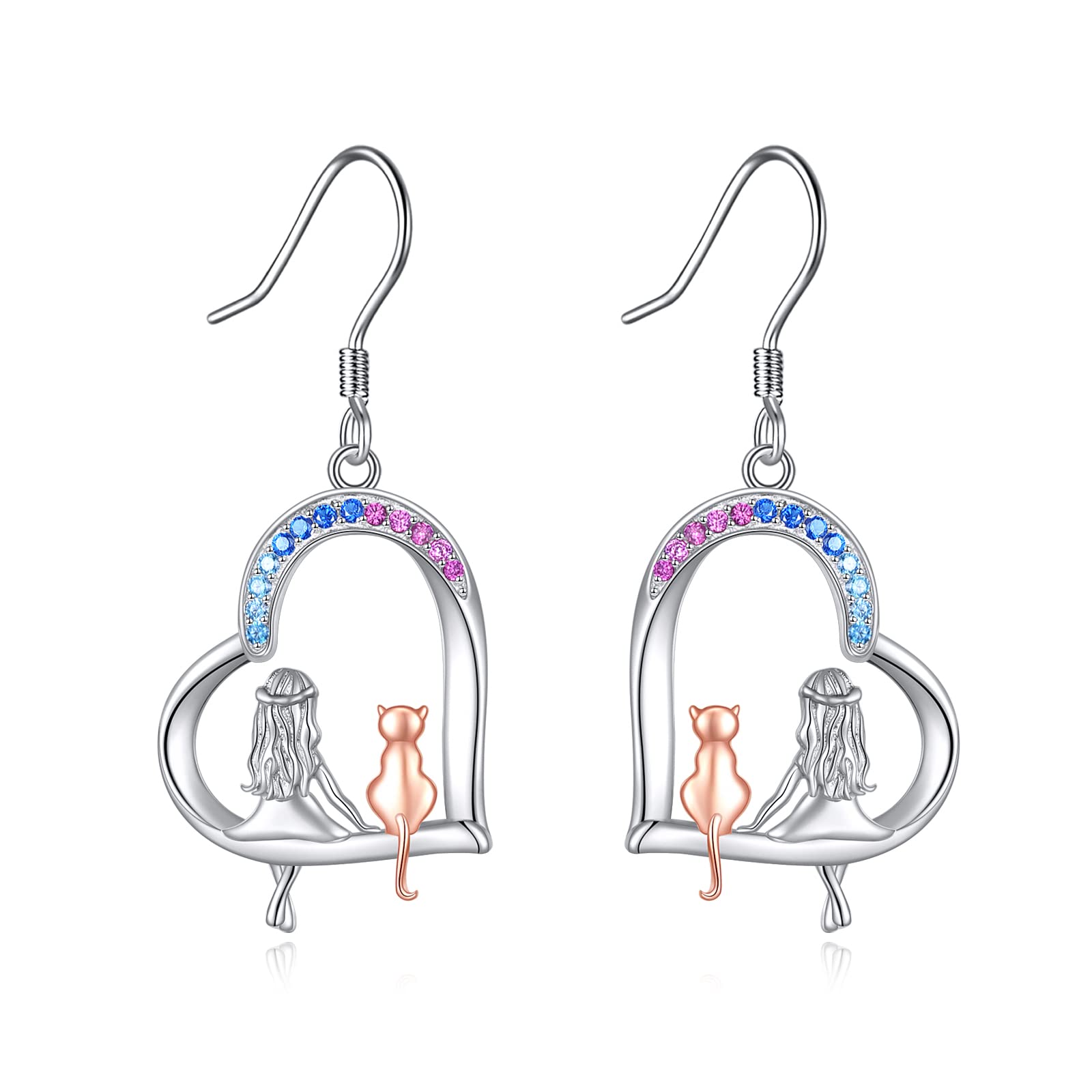 Sterling Silver Cat & Heart Dangle Earrings — 925 Drop Earrings for Cat Lovers & Women Who Love Elegant Jewelry