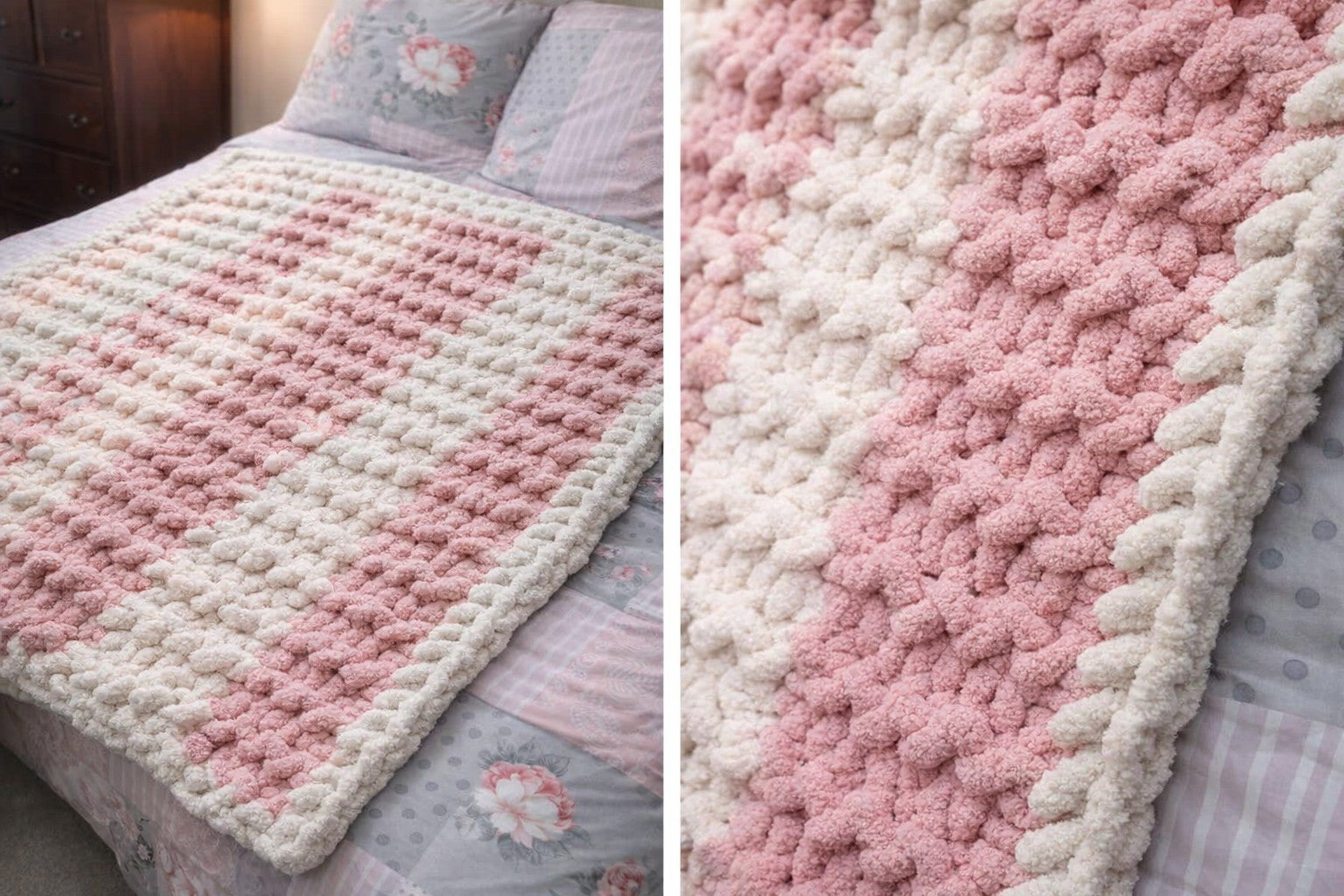 Pink & Ivory Twisted‑Stitch Chunky Throw Blanket — 45” x 50”